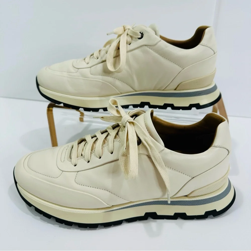 HUGO BOSS MENS BURNISH ITALIAN LEATHER SIZE 8 CREAM LOW TOP TRAINERS SNEAKERS - Picture 2 of 13